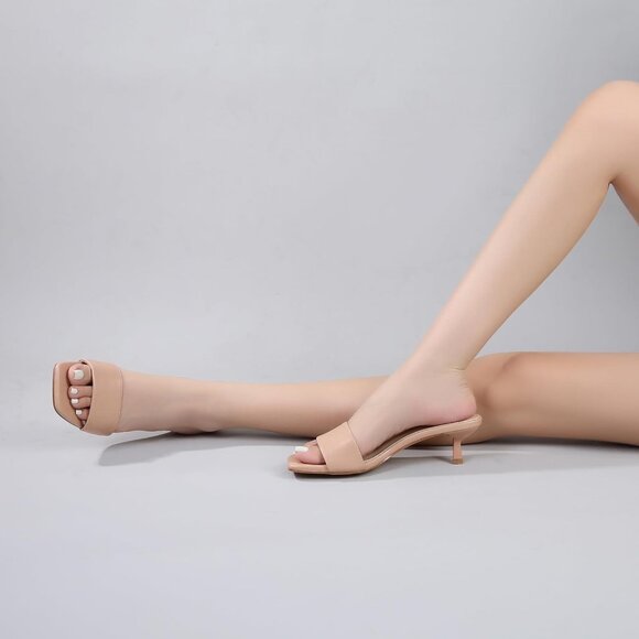 Women's Nude Kitten Heels Sandal Heeled Slides Square Open Toe One Band Slip On - Picture 9 of 9